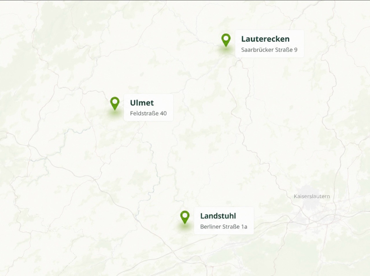 Karte der Westpfalz mit den Praxisstandorten Ulmet, Lauterecken und Landstuhl